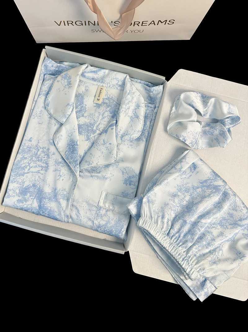 Korean fashion sleepwear synthetic satin nightwear 2-piece sleepwear casual sleepwear set with shorts soft and smooth ink painting set W240919