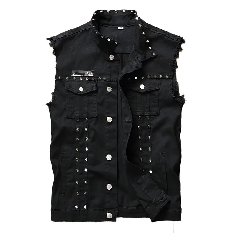 Idopy Fashion Mens Rivet Denim Vest Punk Party Studded Slim Fit Jean Jacket Male Sleeveless Waistcoat For Men Plus Size 240919