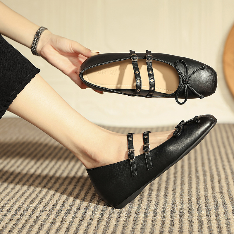 2024 Autumn Retro Brushed Color Square Head with Increased Height Single Shoe Butterfly Bow Mary Jane Single Shoe