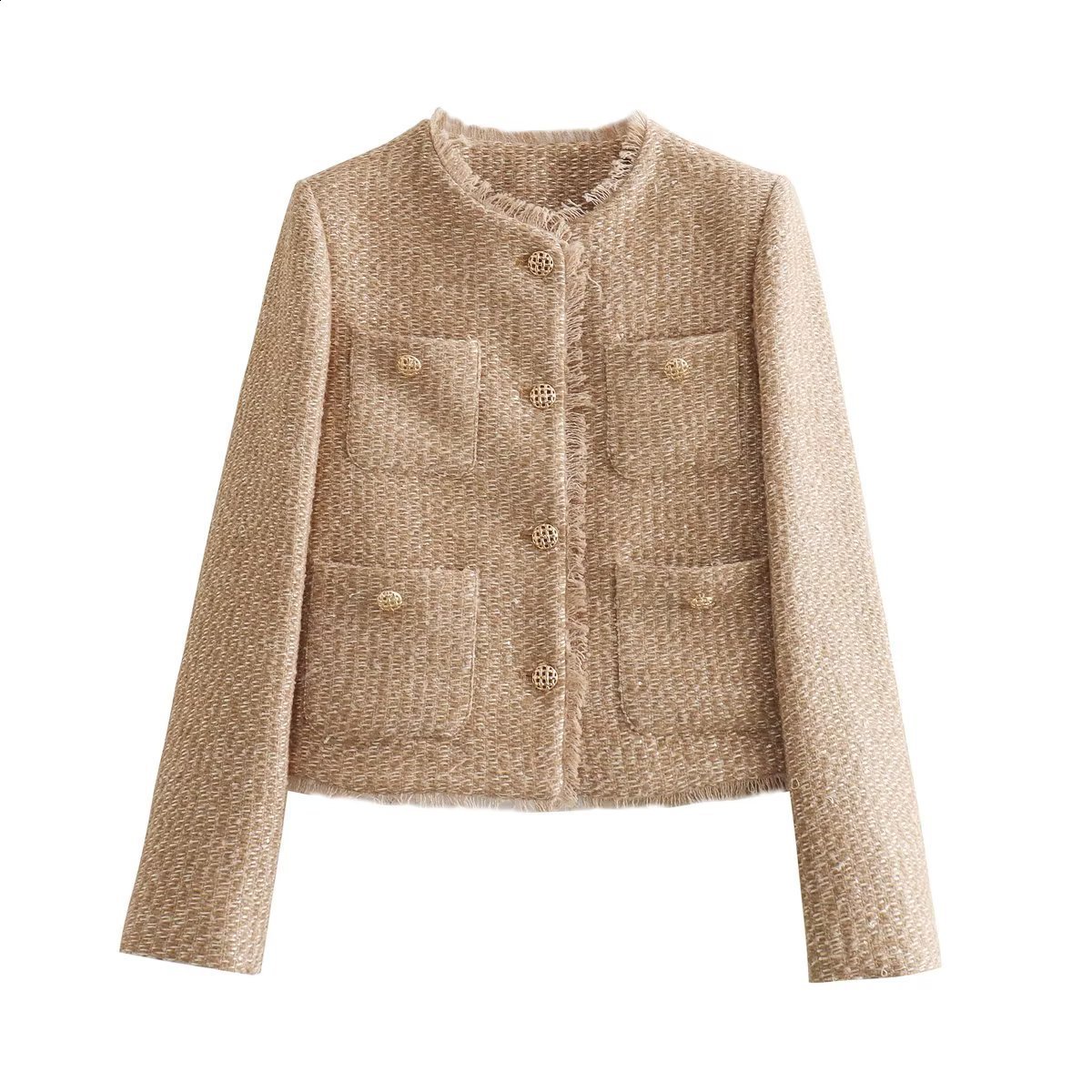 Womens Suits Blazers Autumn Fashion Women Camel Tweed Button Short Jacket Long Sleeve Jackets Frayed Cropped Tops Femininos Y2K Coats 231206
