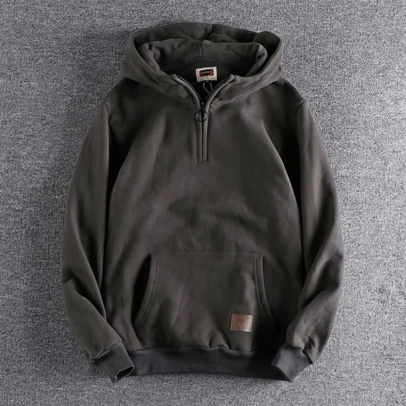 Mens black half zipper mens sports shirt warm hooded sweatshirt solid hooded wool Y2k retro high-quality Korean loose fit 240918