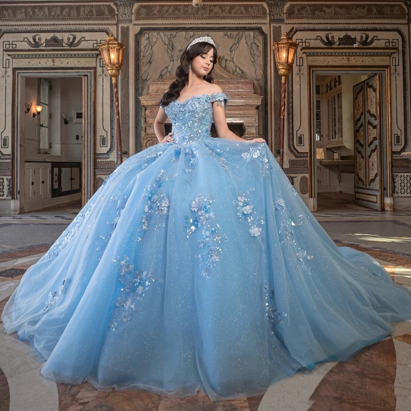 Sky Blue Shiny Princess Quinceanera Dresses Ball Gown Off Shoulder Sequin Lace Appliques Crystal Sweet 16 Dress Vestidos De 15 Anos