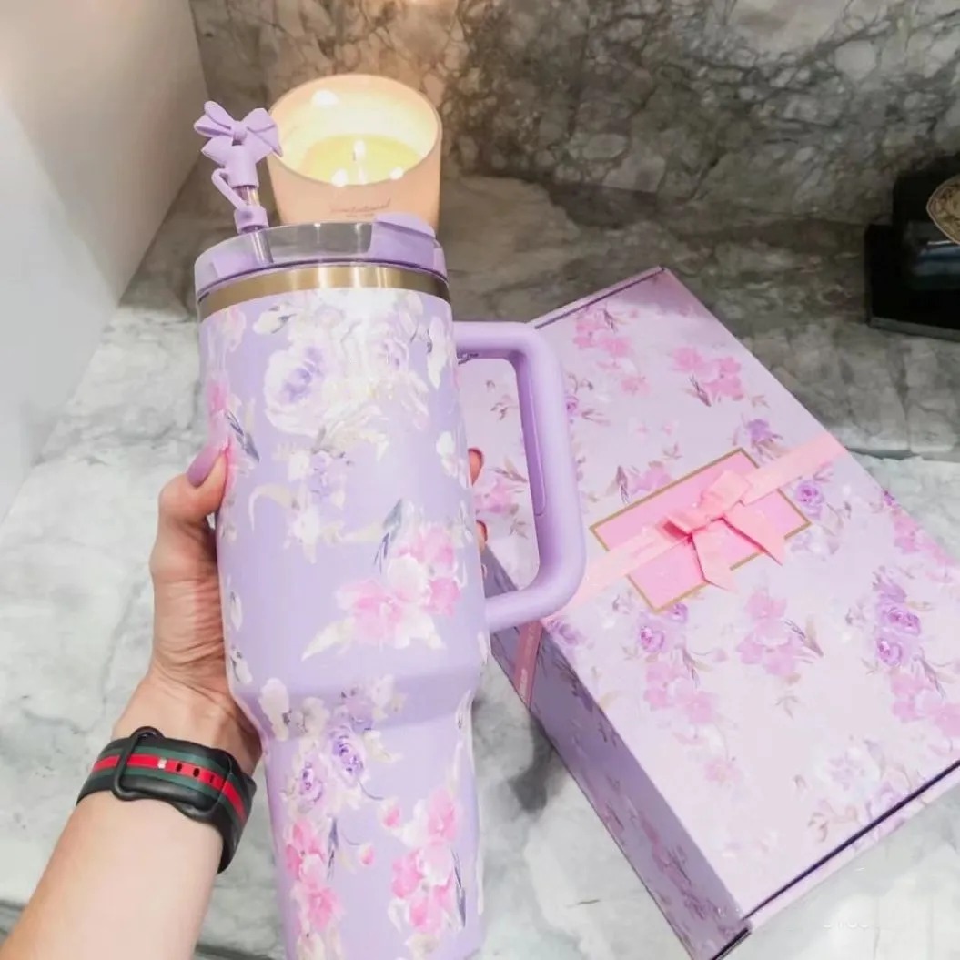14oz 20oz 40oz TUMBLER Pink Rose Blue Magnolia Mug Holiday Stainless Steel Tumbler with Silicone Handle Lid and Straw Cups Mugs Target water bottles
