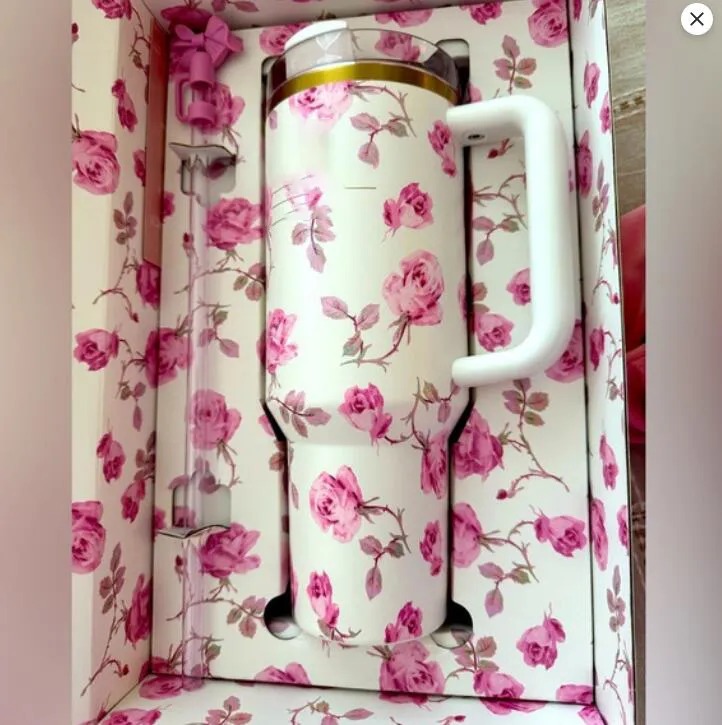 14oz 20oz 40oz TUMBLER Pink Rose Blue Magnolia Mug Holiday Stainless Steel Tumbler with Silicone Handle Lid and Straw Cups Mugs Target water bottles