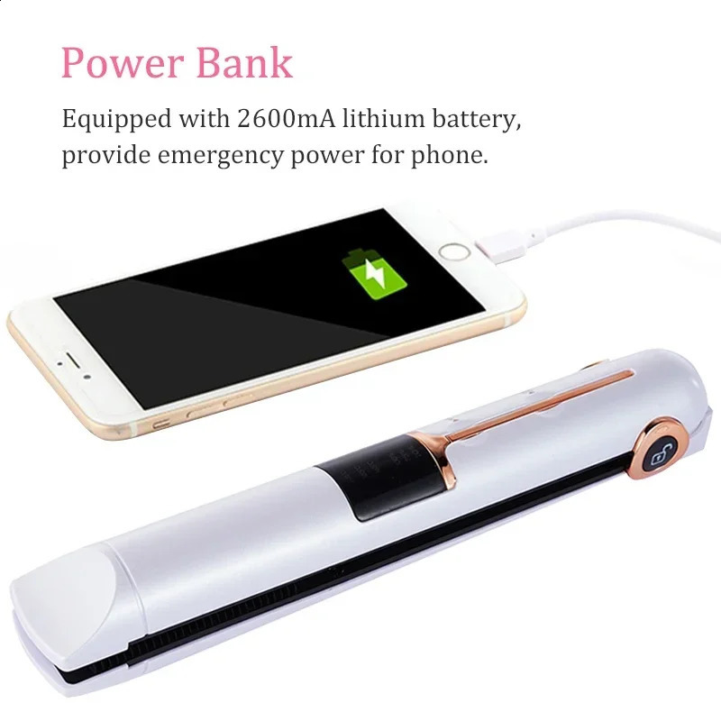 Portable USB Rechargeable Hair Straightener With Power Bank Lock System Travel Flat Irons Wireless Straightening Hair Curler 240911