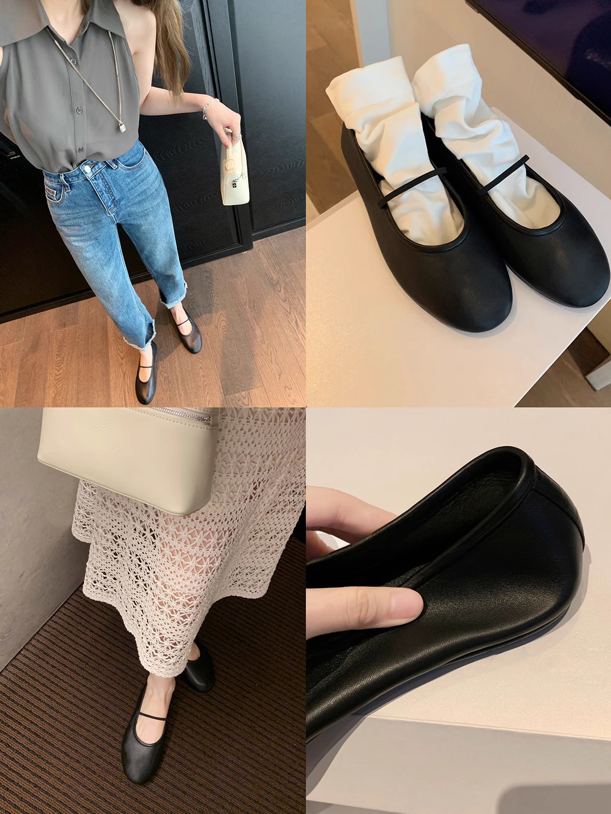 Soft faced round toe shallow mouth thin straight strap flat bottomed Mary Jane shoes