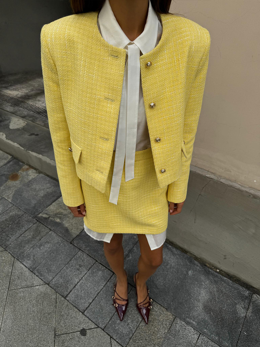 Dress Set Dabuwawa Autumn and Winter Female Vintage Women Temperament Tweed Dress Suit Split Set Skirt