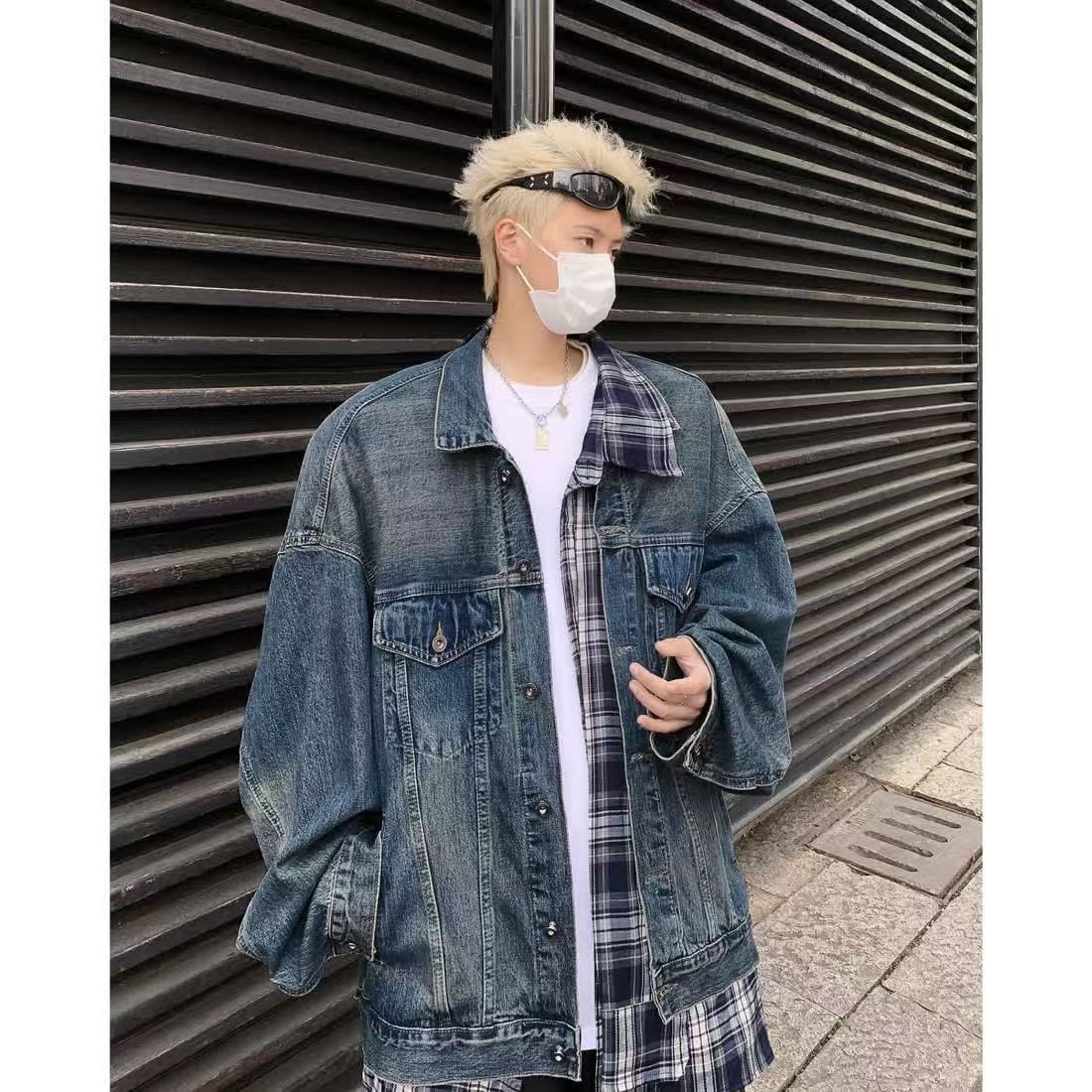 Plaid stitching denim jacket men's autumn tide brand casual loose two-piece tooling jacket