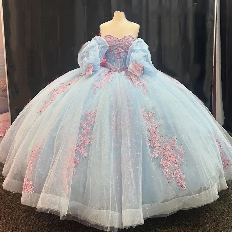 Sky Blue Sweetheart Quinceanera Dress Charming Off The Shoulder Party Dress Ball Gown Applique Lace Girl Sweet 16 Gown Vestidos 15 De Anos