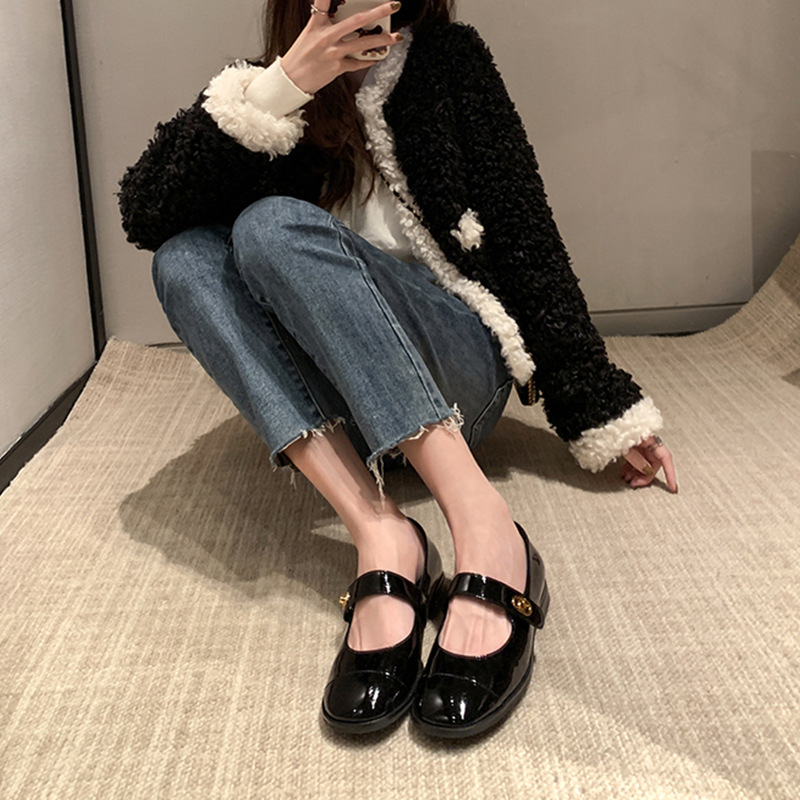 Women's small fragrant style buckle with genuine leather thick heel Mary Jane single commuting shoes