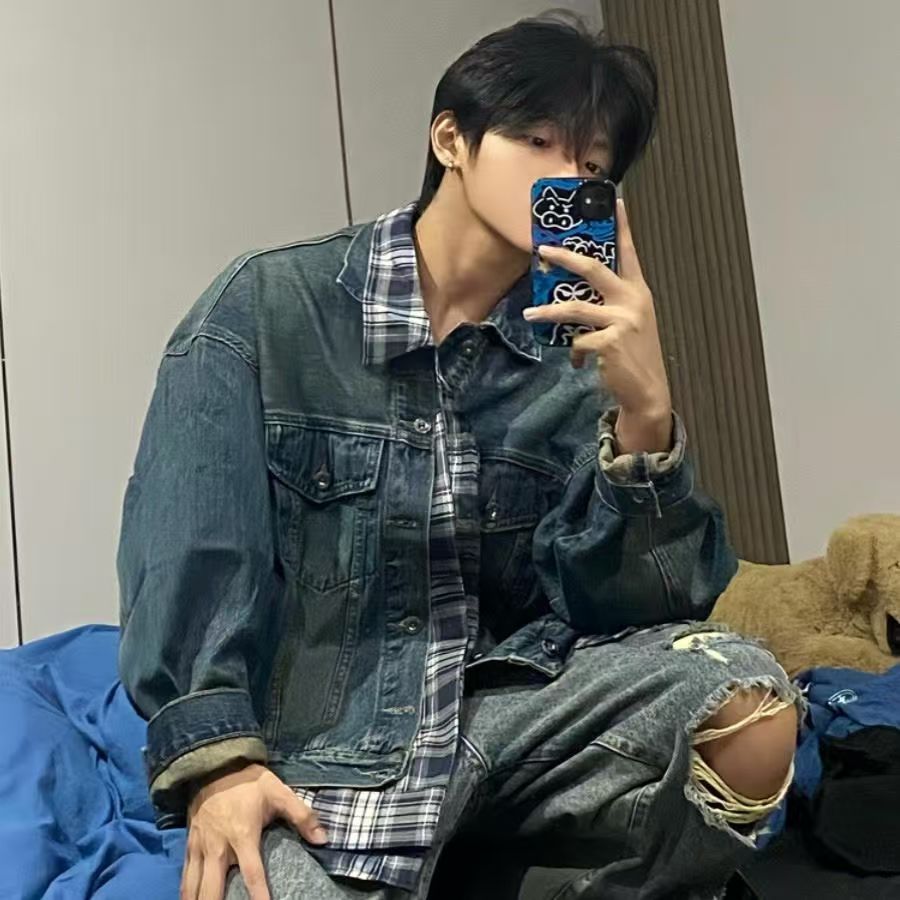 Plaid stitching denim jacket men's autumn tide brand casual loose two-piece tooling jacket