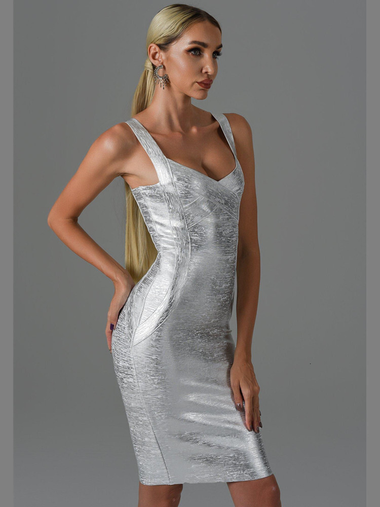 New Women Summer Style Sexy Sleeveless Backless Gold Sier Bronzing Midi Bodycon Bandage 2022 Elegant Evening Party Dress