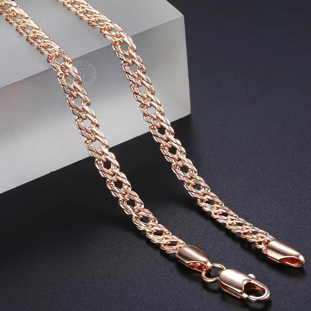 585 Rose Gold Colored Necklace for Men Bismark Hammered Link Chain Fashion Jewelry Accessories 5mm GN452A 240904