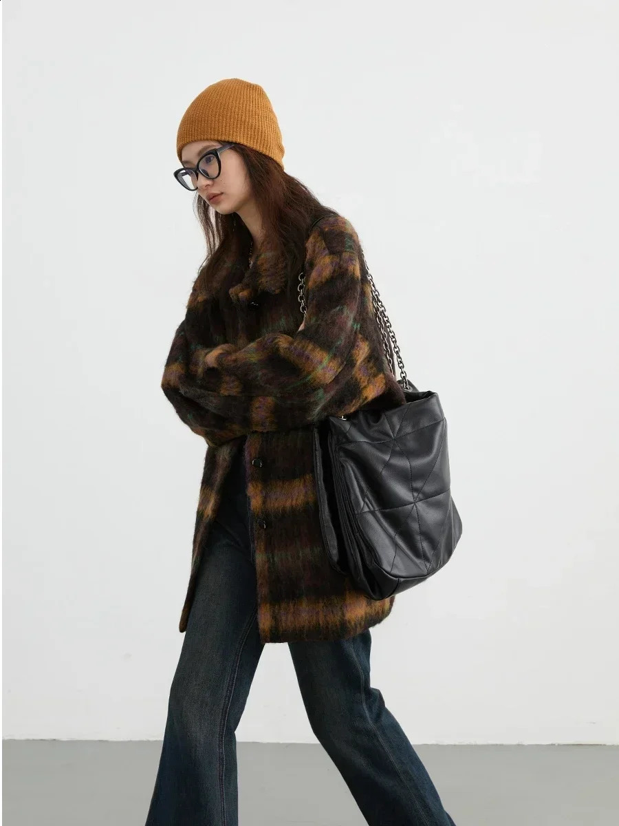 CHIC VEN Women Woolen Coat Loose Casual Single Breasted Vintage Polo Collar Plaid Female Overcoat Autumn Winter 240912