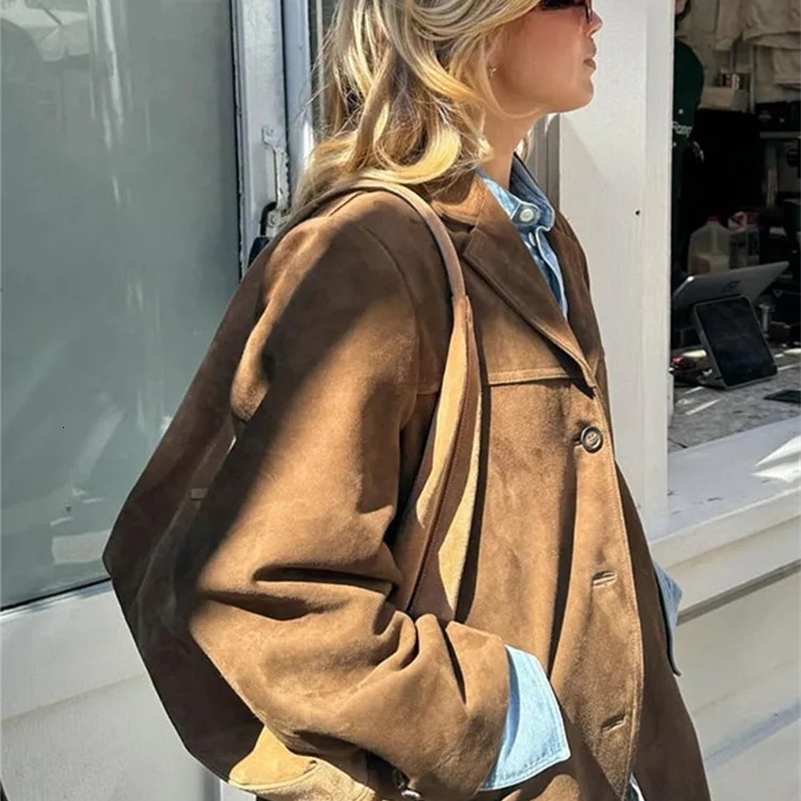 Casual Brown Lapel Pocket Suede Leather Jacket Fashion Woman Single Button Long Sleeve Crop Coat 2024 Lady Autumn Street Outwear y240919