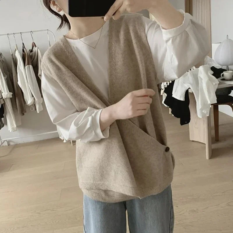 Ladies Sweaters Vest Black Long V-neck Grey Knitted Top for Women Y2k Vintage Jumper Fashion 2024 Knitwear Crochet In 240919