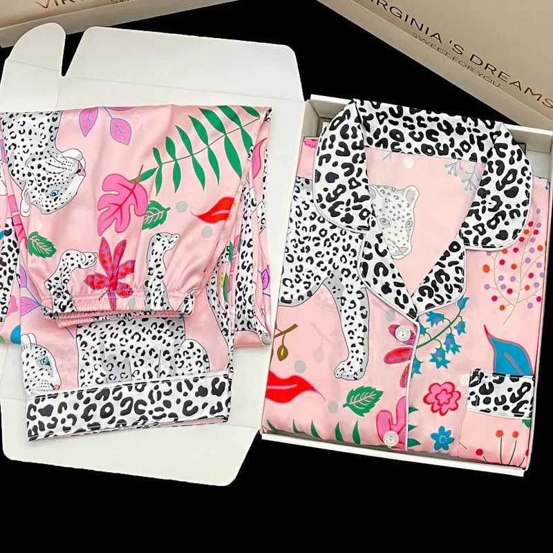 European and American leopard sleepwear set for spring and summer long sleeved short sleeved spliced collar high-end feeling sleepwear W240919