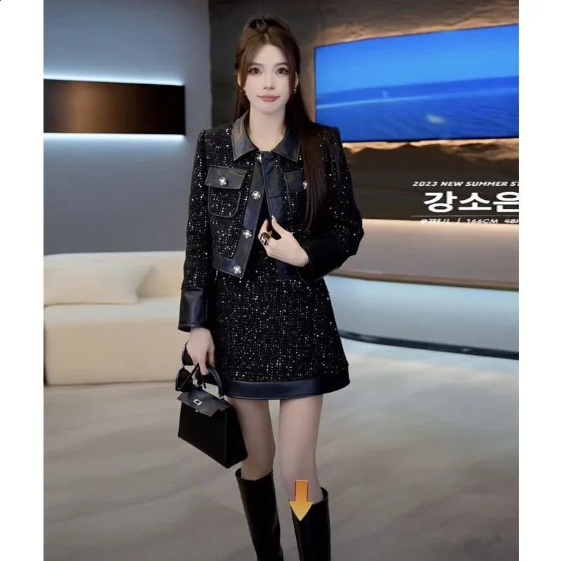 Temperment Coarse Coat Jacket Two Piece Set Womens Glitter Fashion Polo Neck Leather Splicing Korean Fashion Ultra Thin Spring Set 240919