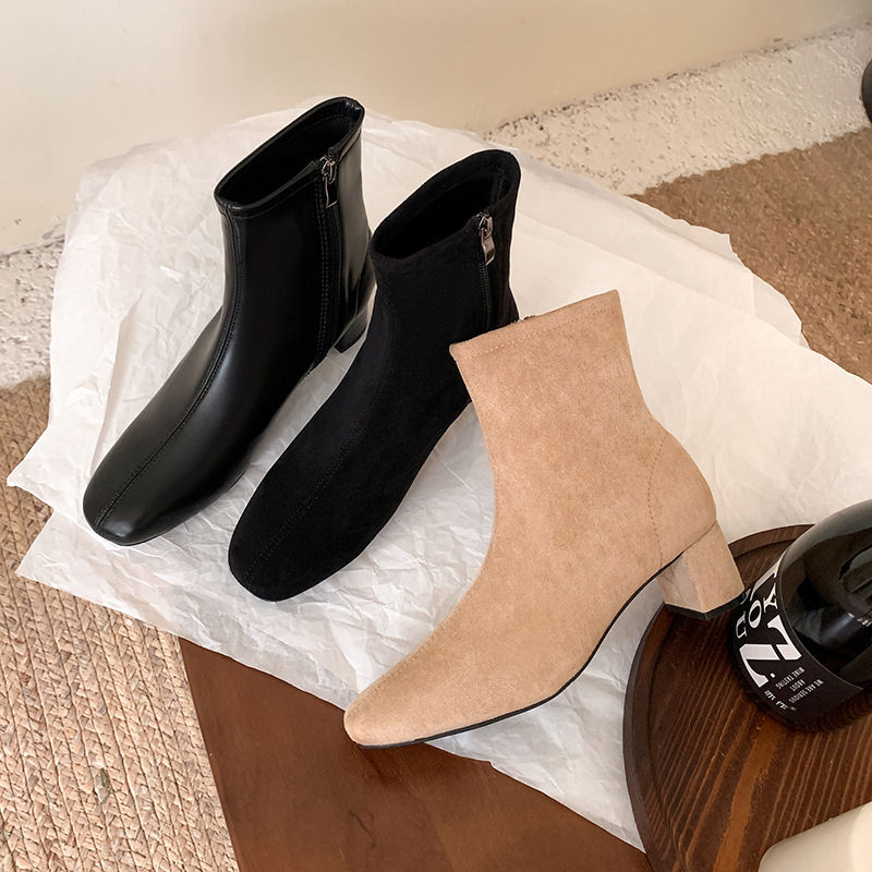 2024 Autumn French Side Zipper Thick High Heel Leather Short Boots