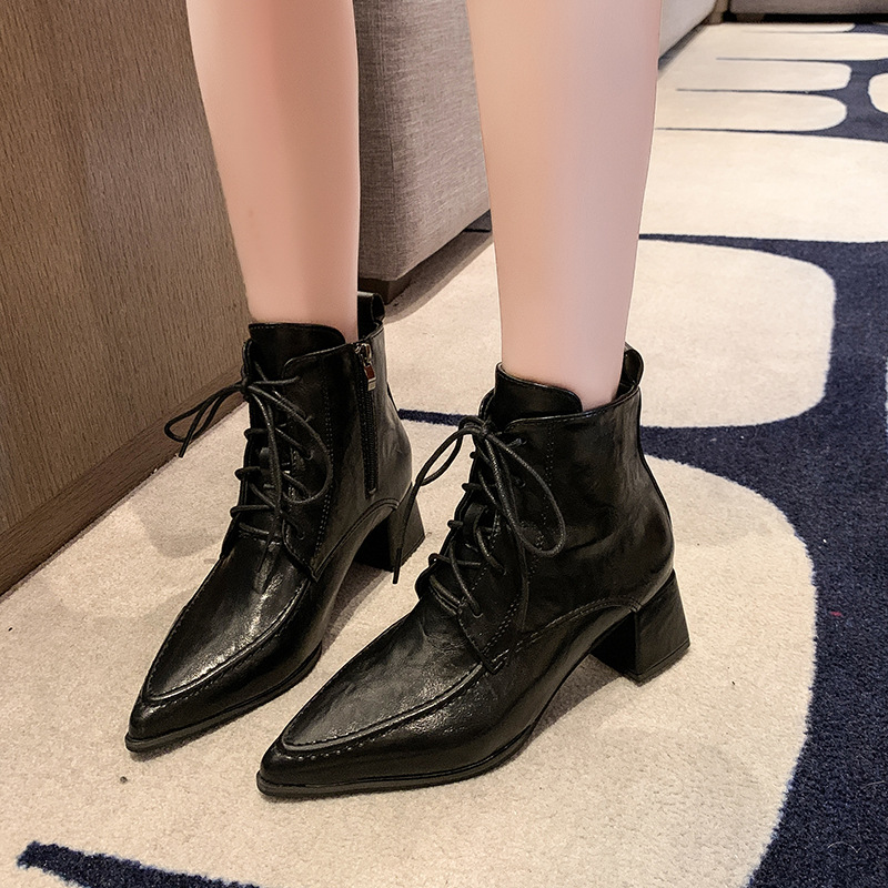 Plus Size Lace-up High Boots - Trendy Pointed Toe Chunky Heel Shoes (Triple Black, Brown) 9b64