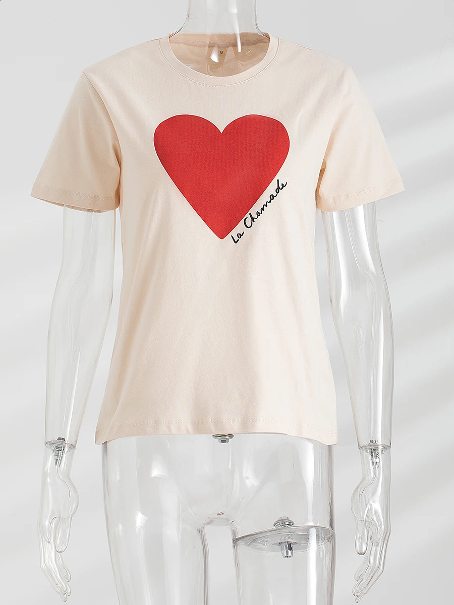 Heart print graphic T-shirt summer womens round neck short sleeved casual fashion T-shirt retro elegant T-shirt womens 240919