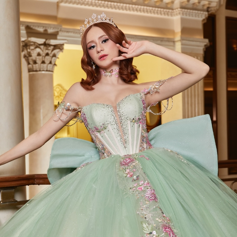 Light Mint Green Shiny Ball Gown Quinceanera Dresses 2025 Applique Lace Beads Bow Tull Sweet 16 Dress Birthday Party Vestidos De XV Anos