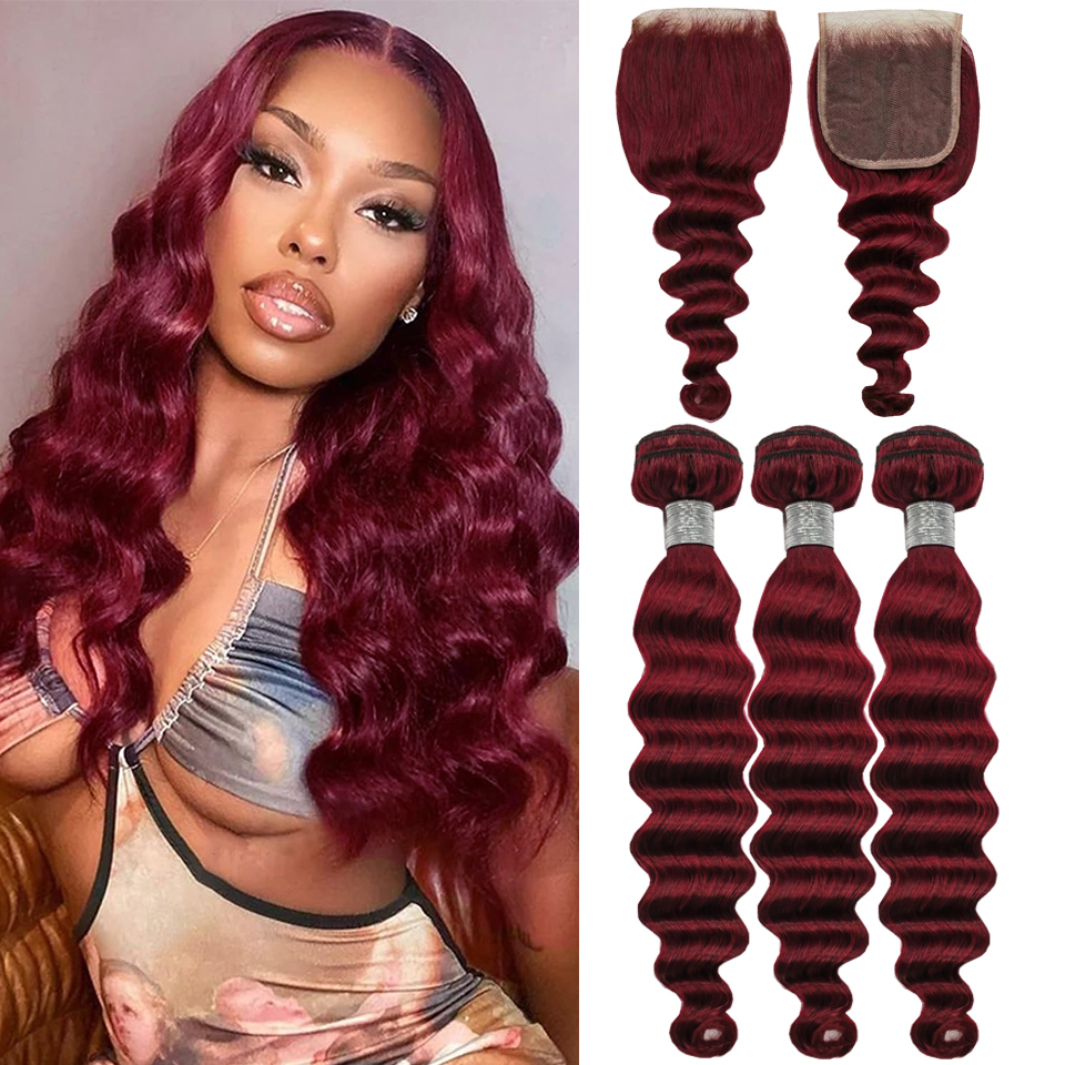 Burgundy Bundles with Closure 99j Loose Deep wave Human Hair with 4x4 lace closure Virgin Raw Hair Extensions