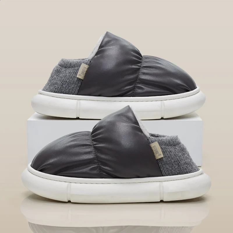 UTUNE PU Winter Women Slippers Warm Plush Outside Men Shoes Soft Thick Sole Home Non-slip Indoor Slides Waterproof Snow Boots 240914
