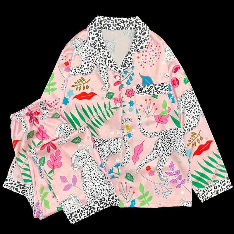 European and American leopard sleepwear set for spring and summer long sleeved short sleeved spliced collar high-end feeling sleepwear W240919