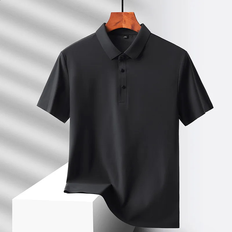 Summer silk quick drying loose polo shirt for middle-aged and elderly men solid lapel button simple version casual thin short sleeved top 240919
