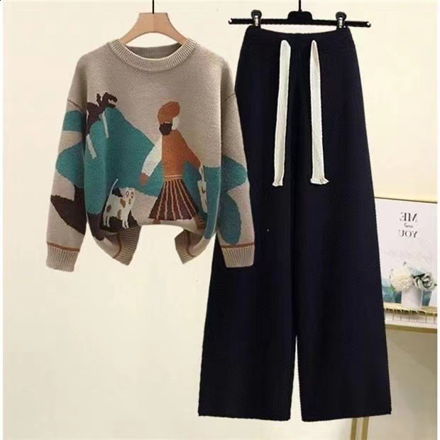 Women's Knitted suit winter cartoon pictures Sweater pullover wide leg pants two piece pants sets woman 2 pieces knitwear 211116