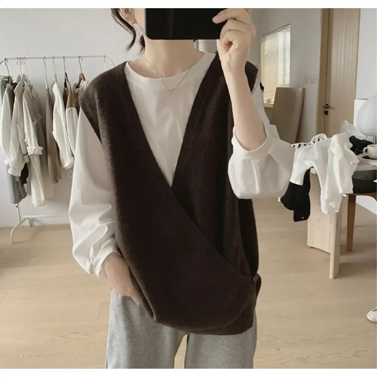 Ladies Sweaters Vest Black Long V-neck Grey Knitted Top for Women Y2k Vintage Jumper Fashion 2024 Knitwear Crochet In 240919
