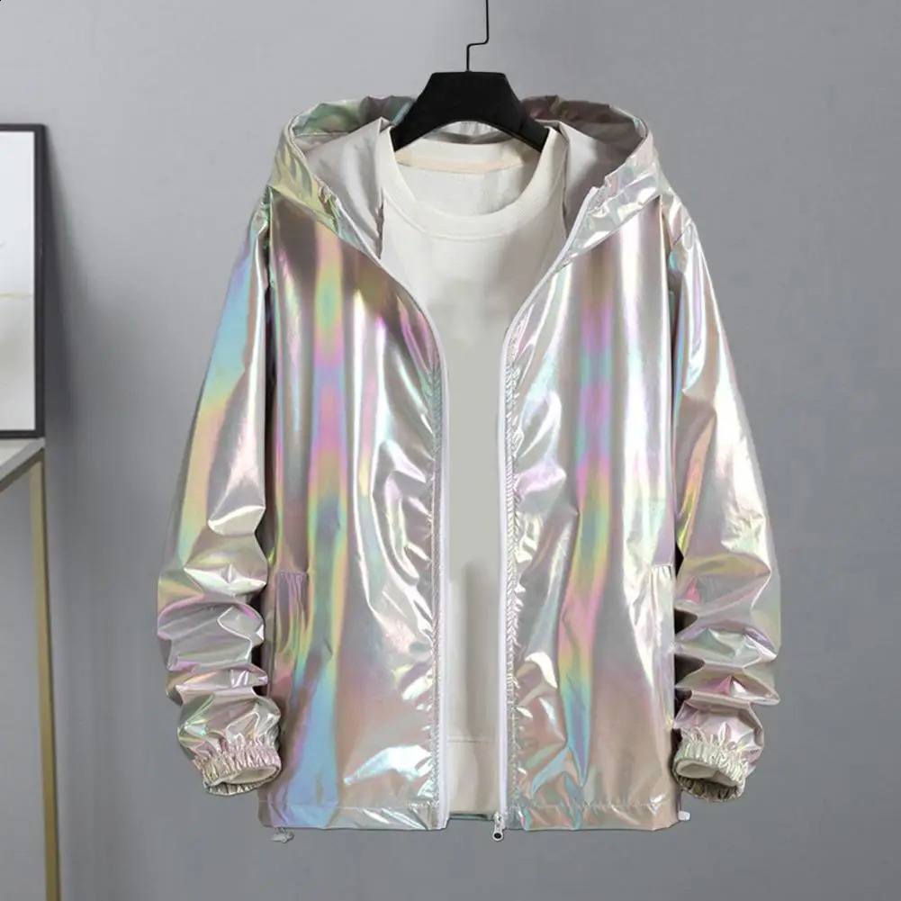 Black Sliver Shinny Jacket Men Bomber Jacket Korean Style Hip Hop Jacket Slim Men Jackets And Coats Streetwear Hooded Coat 240911