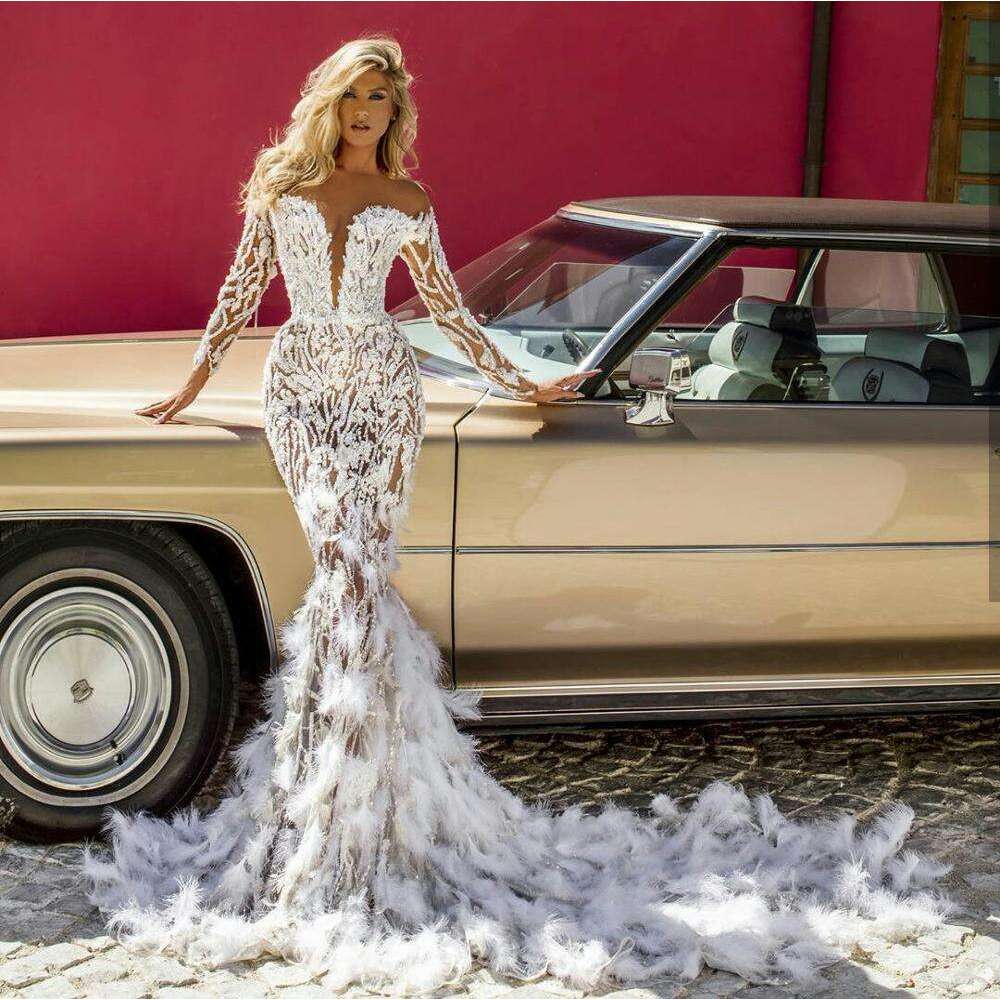 Dubai Feather Dresses Plus Size Long Sleeve Backless Illusion Lace Appliqued Bridal Gowns Mermaid Wedding Dress