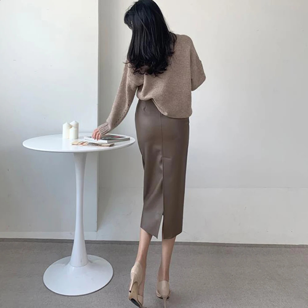 Elegant Fashion Faux Leather PU Skirts Women Clubwear Party Office Lady High Waist Midi Skirts Bodycon Wrap Hips Bottom Clothes 240919