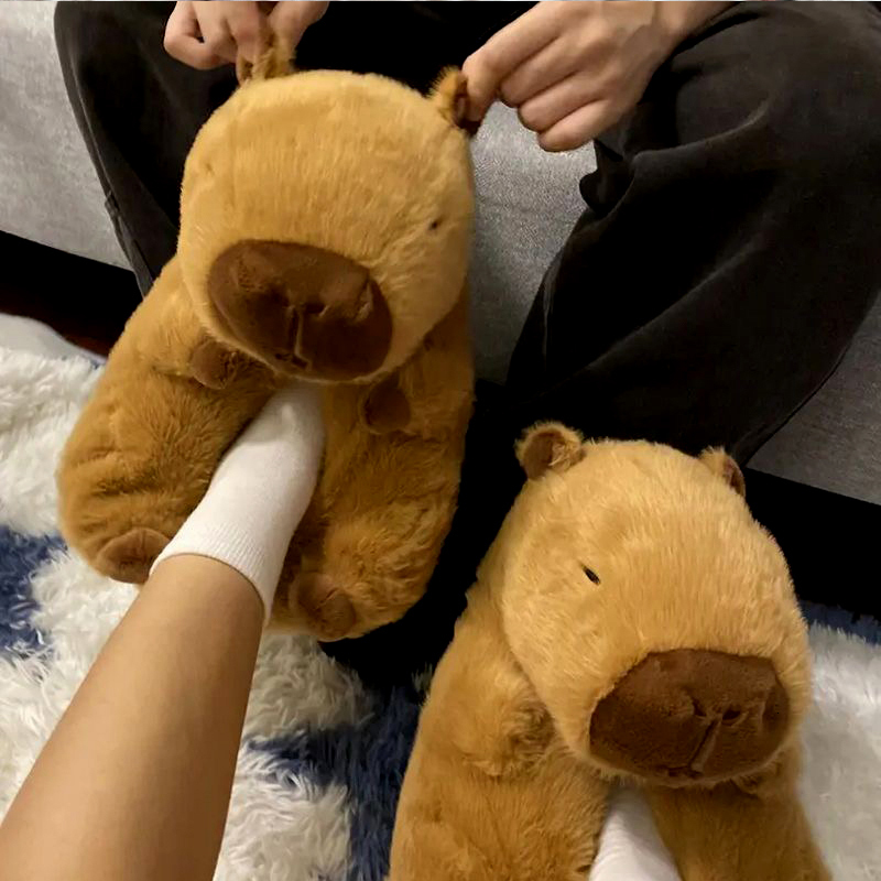 Winter Kapibala plush slippers,cartoon finless porpoise mouse livingroom shoes , super fluffy soft warm home shoes,men or women