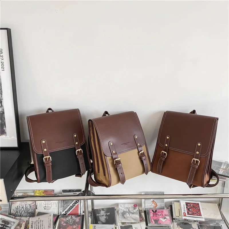 Retro Fashion Womens Backpack Pu Leather University School Backpack Teen Girls Simple er Shoulder Bag 240918