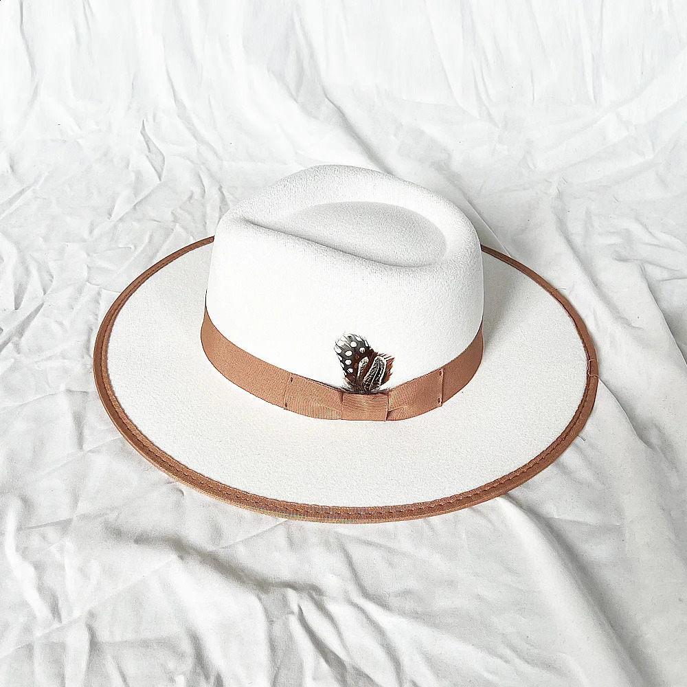 Fashion Wool Mens Feather Fedora Hat Winter Autumn Church Panama Wide Brown Retro Charm Jazz Hat 240919