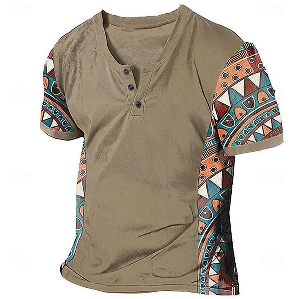 Ethnic Style Tribal 3D Printed Henley Shirts Mens Fashion Vintage Streetwear Button Short Sleeve T Shirt Tees Tops Man Clothing Z240919
