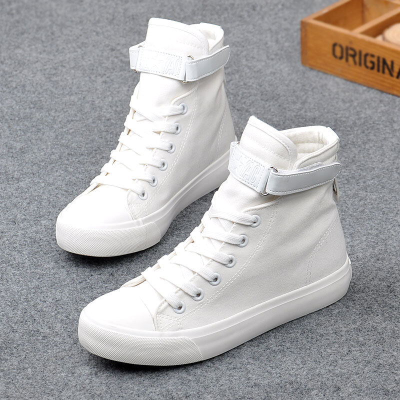 New Fashion High Top Sneakers Canvas Women Casual Shoes White Flat Female Basket Lace Up Solid Trainers Chaussure Femme