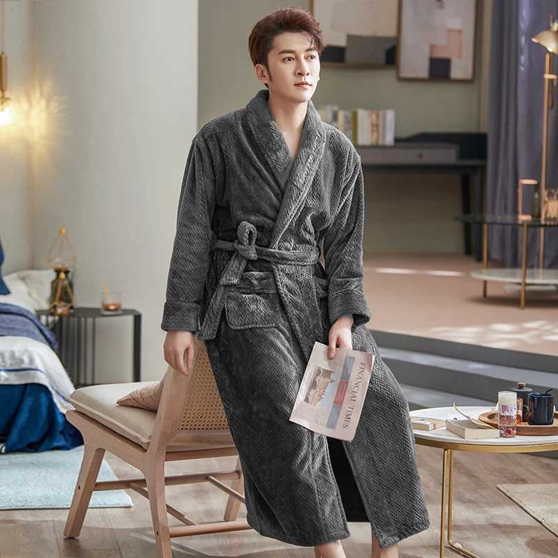 Extra Long Coral Fleece Robe Men Thick Big Yards M-XXXL Winter Kimono Homme Peignoir Bathrobe Warm Robes Pajamas Males Bathrobe Y240919