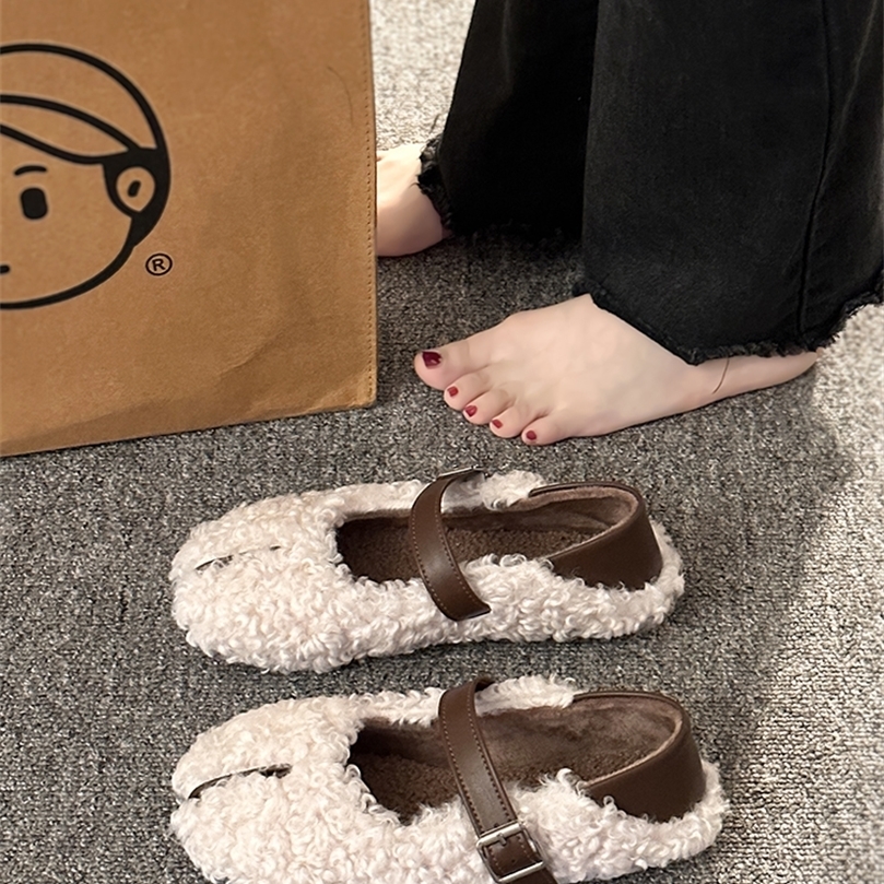 Womens flat shoes fur round toes autumn casual womens sports shoes dresses Moccasin autumn and winter casual buckle watch strap rubber 240919