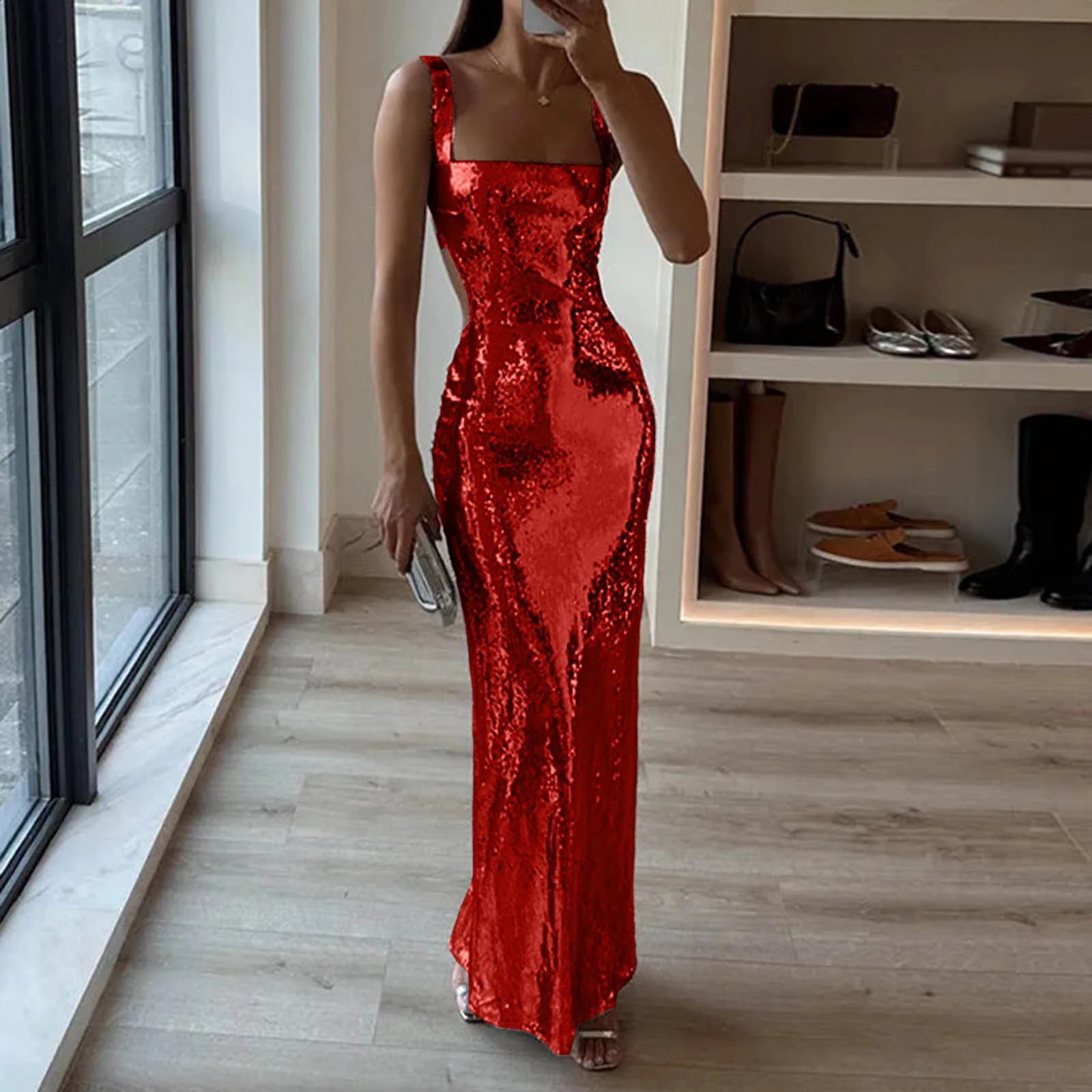 Sequin Cocktail - Women's Halter Neck Sleeveless Mini Dress, Sexy Wrap Hip Slim-Fit Evening Party Dress C260312