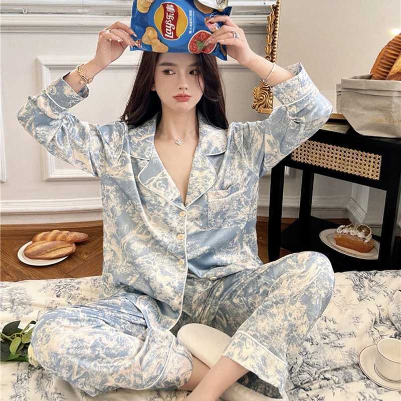 2023 Autumn New Silk Womens Pajamas Collar Button Open Woolen Sweater Womens 2-piece Fashion Printed Set Womens Clothing W240919