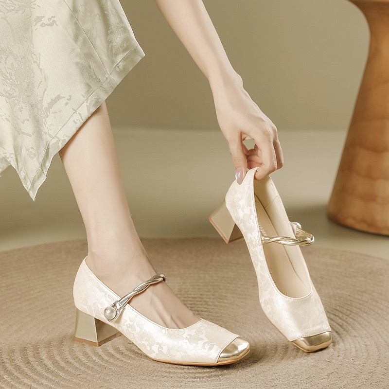 White Mary Jane High Heels Summer 2024 New New Chinese Style Han Elements Versatile French Block Heel Square Toe Pumps Women