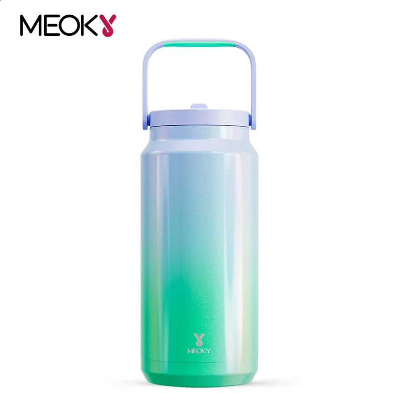 Meoky 64oz stainless steel vacuum cup with lid large capacity portable coffee cup green purple gradient juice cup for sports 240918