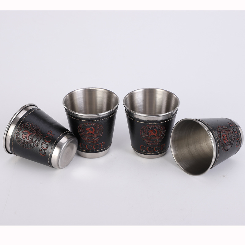 The factory supplies 70ml leather coated stainless steel wine glasses leather covered small wine glasses metal wine utensils and glasses