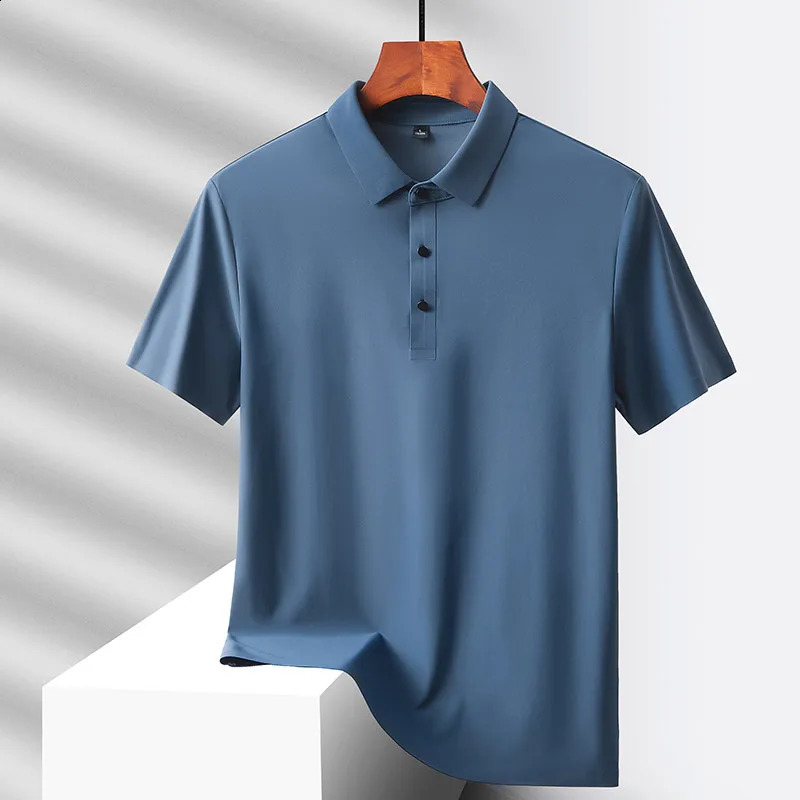 Summer silk quick drying loose polo shirt for middle-aged and elderly men solid lapel button simple version casual thin short sleeved top 240919