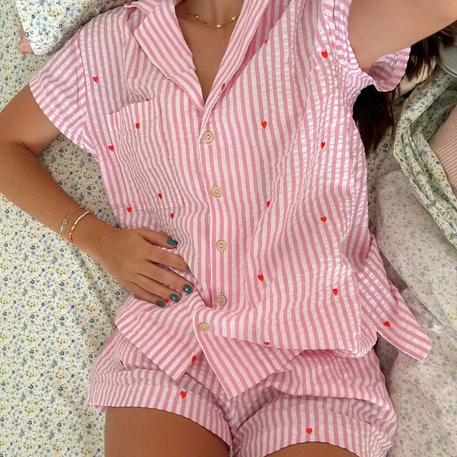 Womens 2-piece sleepwear set with fruit print long sleeved button up shirt and elastic waist pants cotton casual soft sleepwear W240919