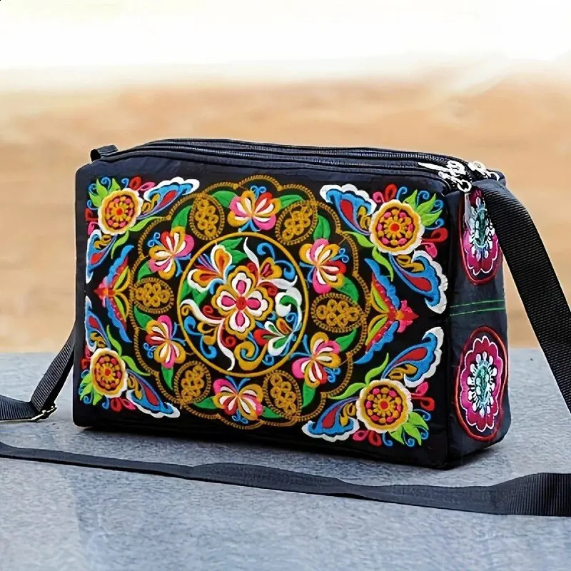 PT027,Womens Embroidered Flowers Nylon Crossbody Bag Ladies Large Capacity Travel Shoulder Bags 240914